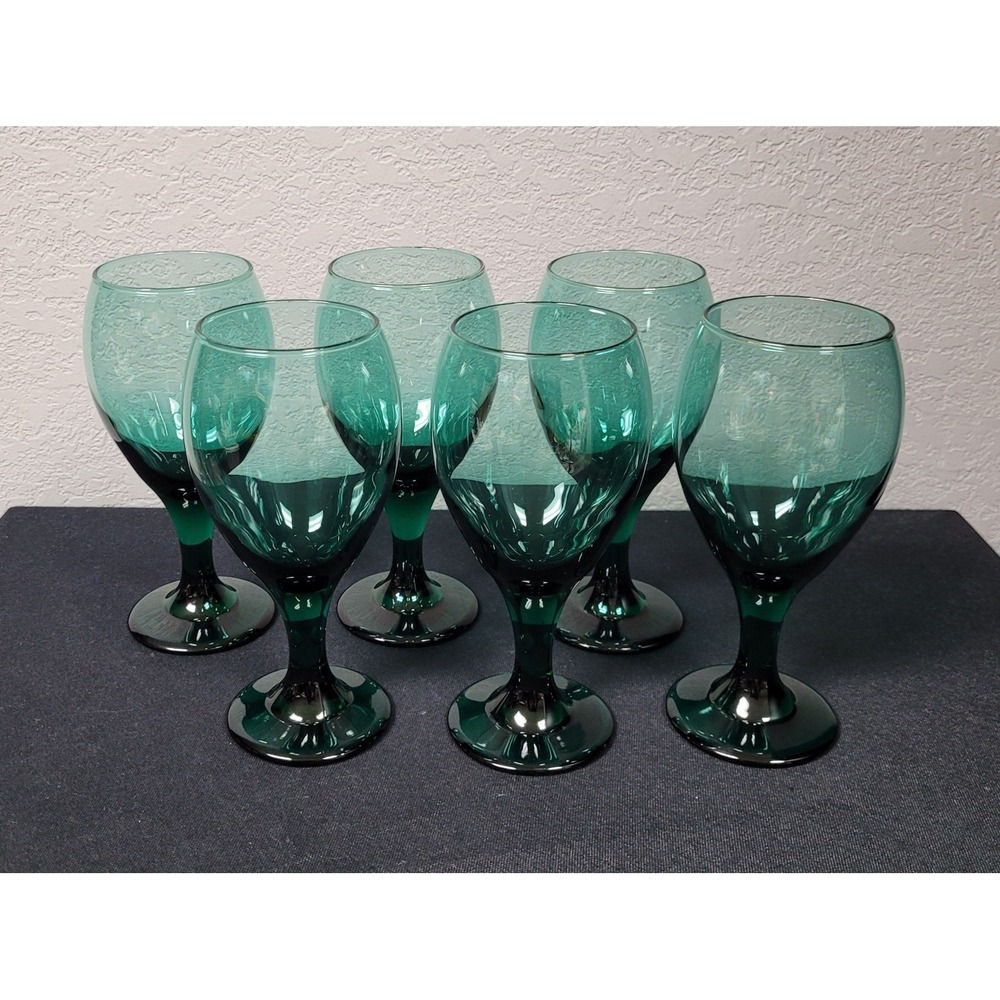 VTG 1980s Libbey Teardrop Juniper Green Wine Glasses Water Goblets Set of 6 MCM